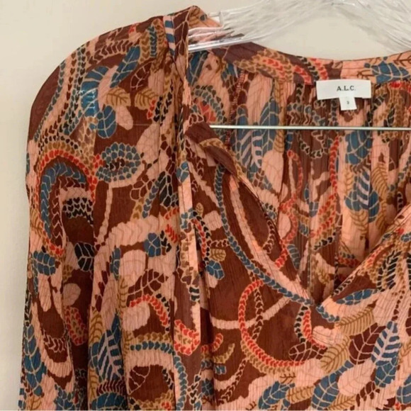 A.L.C. Flowing Paisley Long Sleeve Split Tie Neck Delphina Silk Blouse Brown 2 - Picture 7 of 13